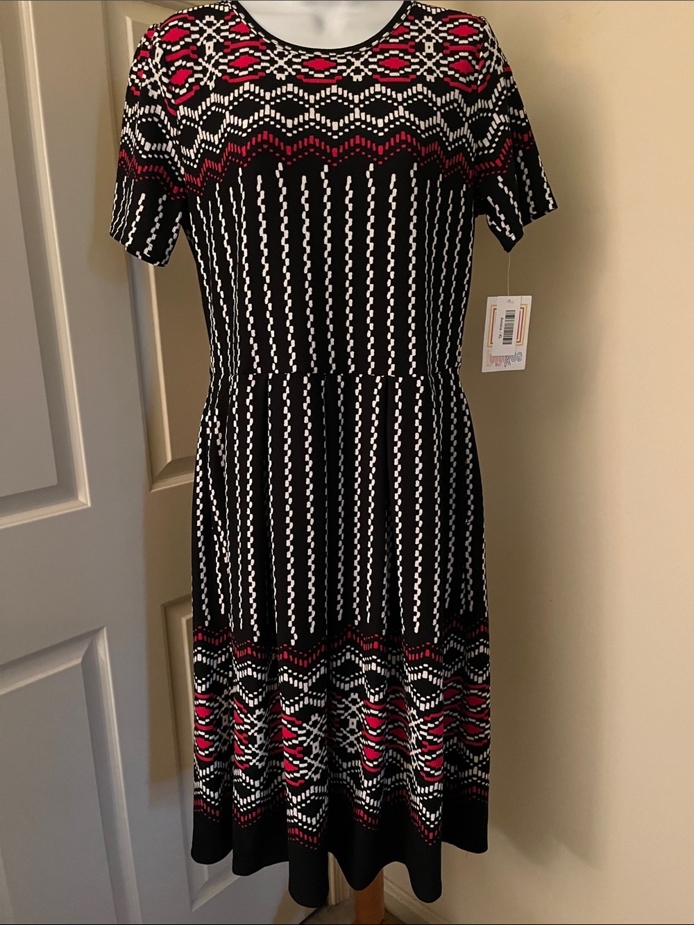 LuLaRoe Black, White & Pink Midi Fit-and-Flare Dress